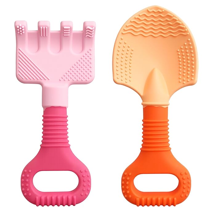 Gardening Tool Baby Teething Toys - Shovel & Rake Silicone Teethers for Babies 3-12 Months, Freezer-Safe Chew Toys for Teething Relief & Sensory Development, Ideal Stocking Stuffers & Christmas Gifts