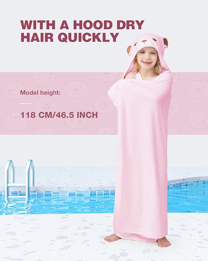 ZIONOR Hooded Bath Towel for Kids - 50''L x 35''W Extra-Large Hooded Towels for Big Kids 6-10, Kids Beach Towels Made from Bamboo Rayon, Suitable for Bath, Pool, Beach(Pink Bear)