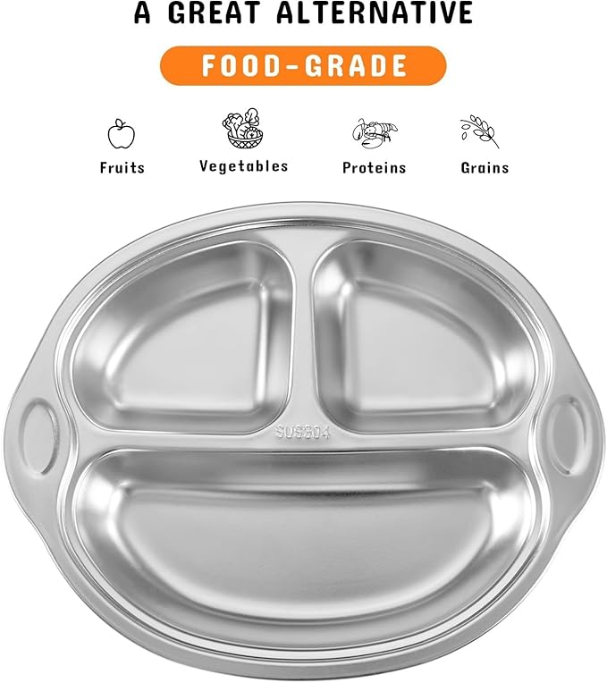 Mrs. Chou Stainless Steel Baby Suction Plates: Divided Plates for Babies & Toddlers, BPA-Free, Dishwasher Safe, Orange