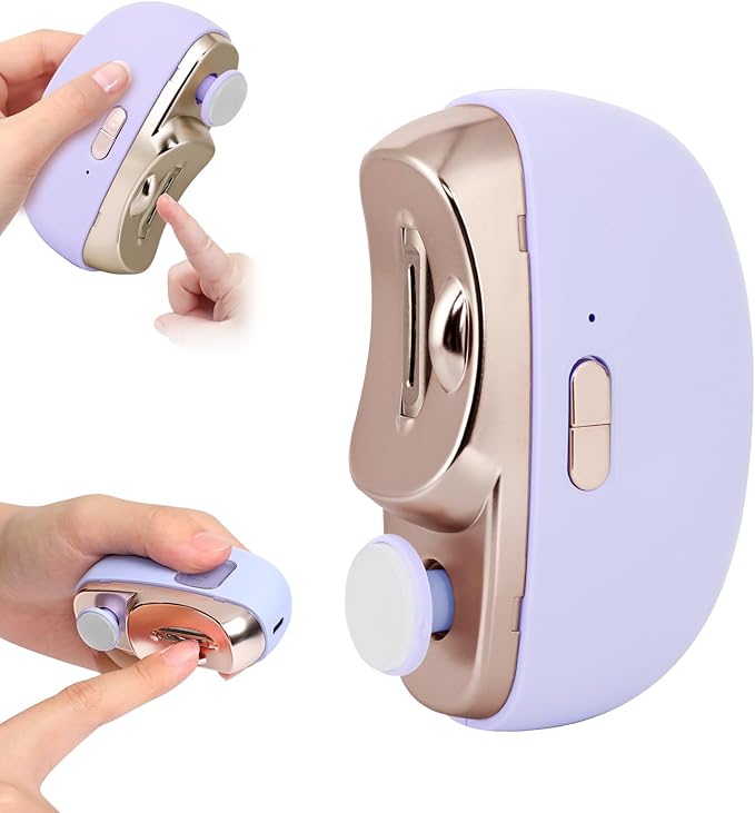 Automatic Nail Clipper Electric Nail Trimmer Polisher 3 in 1 Portable Fingernail Cutter with Light 2 Speeds File Nail Clip Storage Rechargeable Safety Trimmer for Seniors Adults Kids Baby (Purple)