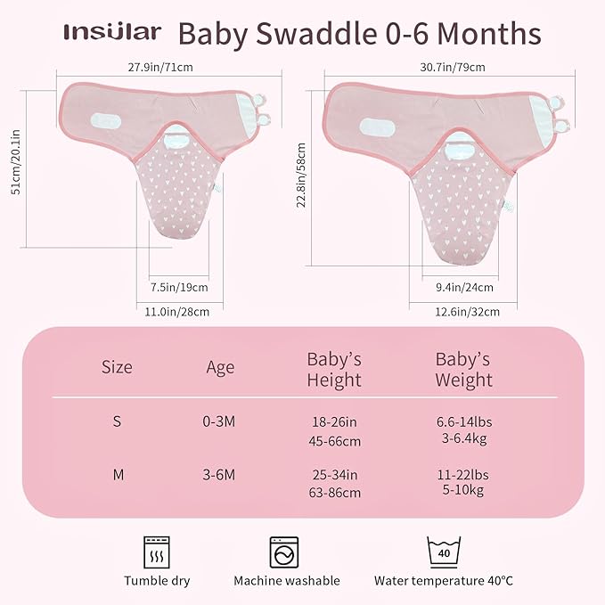 insular Baby Swaddle Wrap, Swaddle Blanket for Newborn and Infant, Adjustable Swaddling Set for Boy and Girl, Soft Cotton Baby Sleep Sack 3 Pack, Rainbow&Pink Love, Small(0-3 Month)