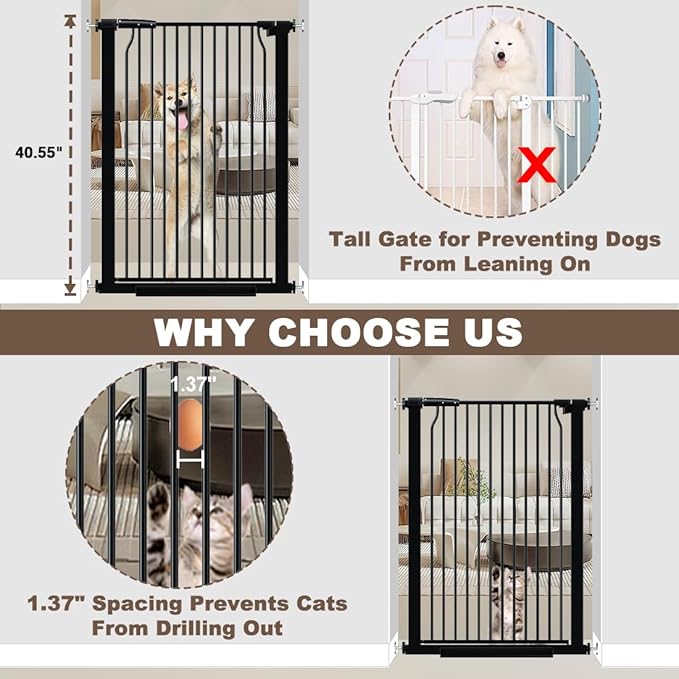 40.55" Extra Tall Dog Gate for Doorways Stairs, 60.3-62.9 in Wide Baby Walk Thru, Pressure Mounted Pet No Drill, Large Doggie With Door, Auto Close Indoor, Black