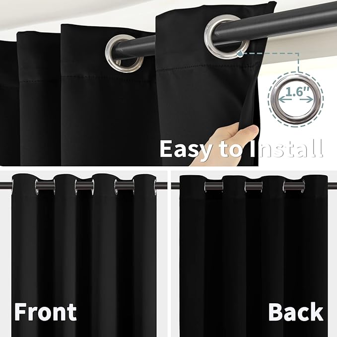 BGment Thermal Insulated 100% Blackout Curtains for Bedroom with Black Liner, Double Layer Full Room Darkening Noise Reducing Grommet Curtain (52 x 72 Inch, Black, 2 Panels)