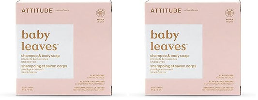 ATTITUDE Baby Plastic-Free Shampoo and Body Soap Bar, EWG Verified, Dermatologically Tested, Vegan, Unscented, 3 Ounces (Pack of 2)
