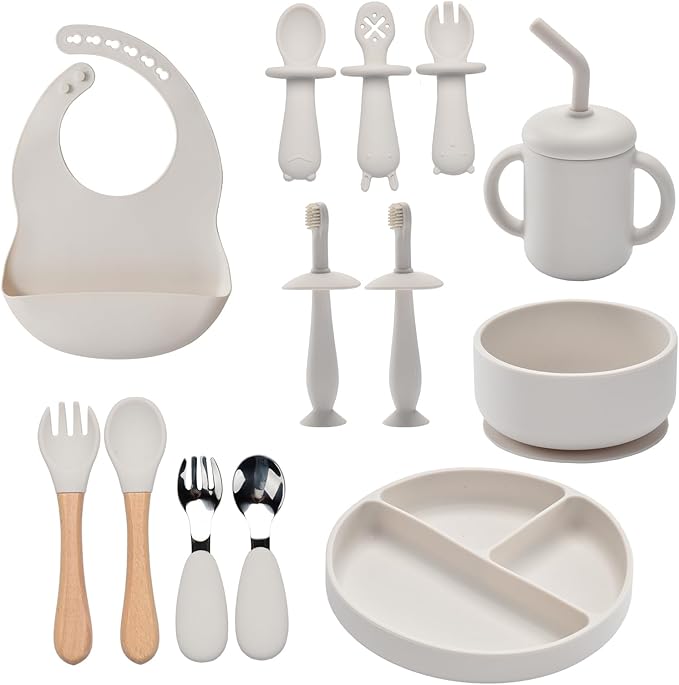 Silicone Baby Feeding Set,13PCS Baby Feeding Essentials with Suction Bowl and Plate,Spoons & Forks,Bib & Cup,Baby Toothbrush,Baby Led Weaning Supplies for 6+ Months,Baby Eating Essentials-White