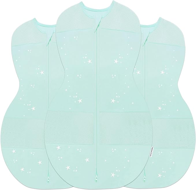 Happiest Baby Sleepea 5-Second Swaddle - 100% Organic Cotton Baby Swaddle Blanket - Doctor Designed Promotes Healthy Hip Development - 3-Pack Newborn Bundle (Teal Stars, 2 x Small, 1 x Medium)