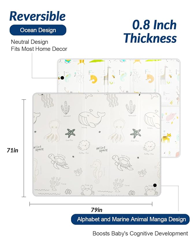 Foldable Baby Play Mat Foam, 79x71 Inch Thick 0.8 Inch XPE Waterproof Playmat, Extra Large Crawling Floor Foam Mats for Kids Infant Training Non-Slip Reversible