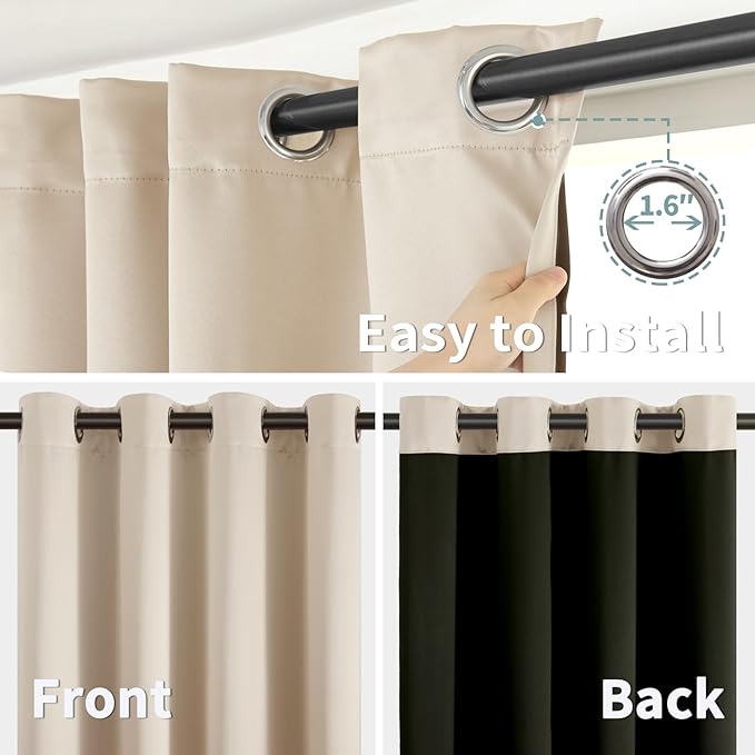 BGment Thermal Insulated 100% Blackout Curtains 63 Inch Length 2 Panels, Total Light Blocking Curtains for Bedroom, Grommet Window Drapes with Thick Black Liner, 52 Inch Wide Each Panel, Champagne