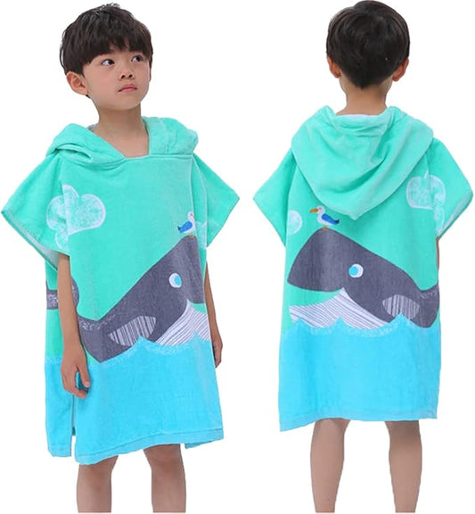 BANGSAUR Kids Hooded Towel Bath Beach Soft Cotton Towels Boys Absorbent Pool Wrap with Hood Baby Toddler Poncho Robe(Ocean Whale,3-4Years/Height:33"-43")