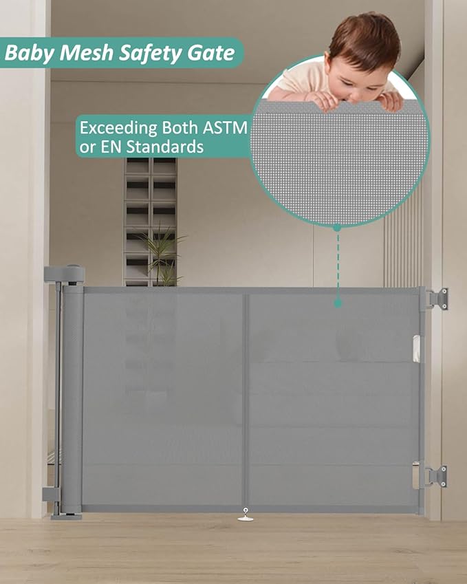 59 inch Retractable Baby Gates 42 inch Tall, Retractable Gate with Reinforced Strip Design to Prevent Crawling Through, 5 FT Retractable Dog Gate for Stairs, Doorways, Hallways, Indoor/Outdoor