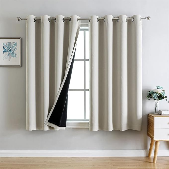 G2000 100% Blackout Curtains for Bedroom Living Room 63 Inch Length Beige Room Darkening Window Grommet Thermal Lined Insulated Light Blocking Noise Reducing 2 Panels Set