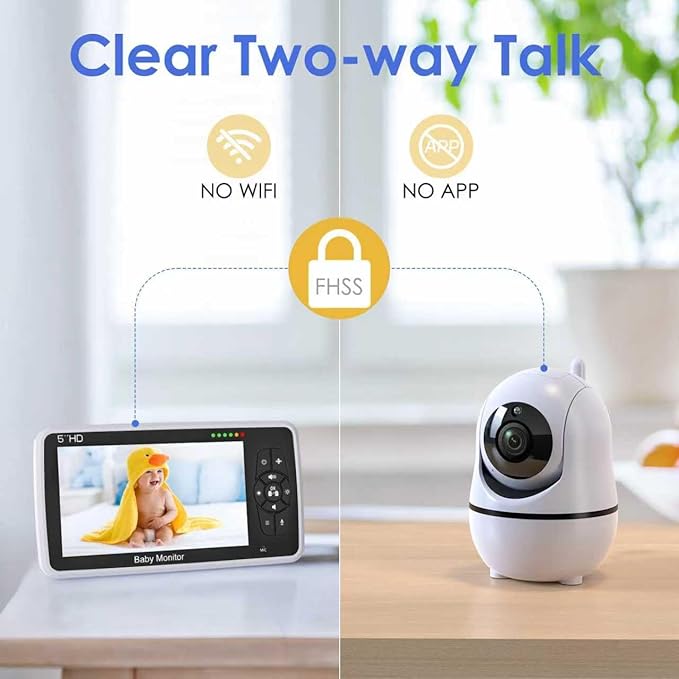 Babystar Baby Monitor with Camera and Audio, 720P HD Resolution 5" Display, 4000mAh Up to 22 Hour Battery, Remote Pan-Tilt-Zoom, No WiFi, VOX, Night Vision, 2-Way Audio, Lullabies, Temperature Sensor