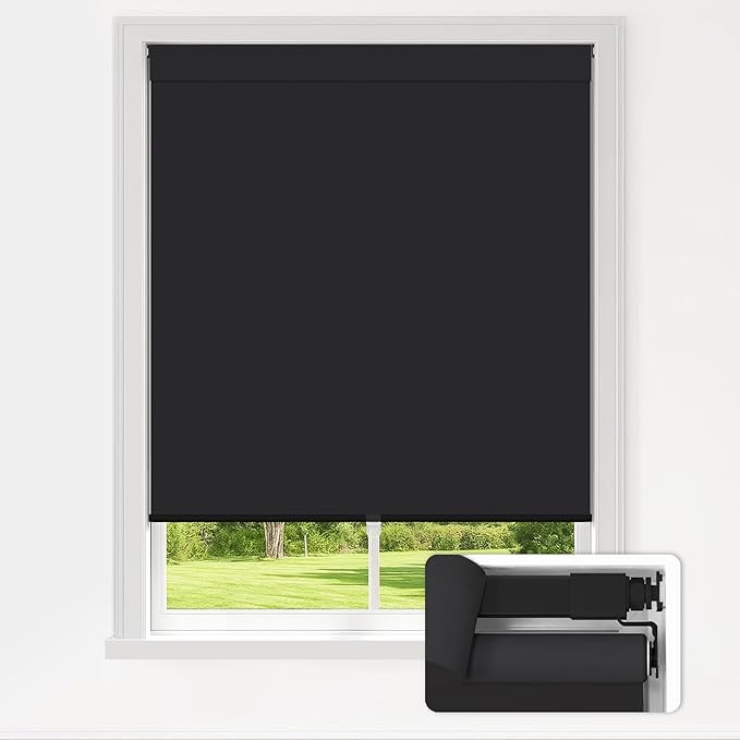 LazBlinds No Drill Blinds for Indoor Windows, Blackout Roller Shades, Cordless Window Blackout Blinds, Thermal Insulated Fabric UV Protection for Home and Office, 36" W x 48" H, Black