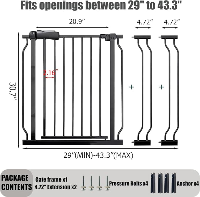 Expandable Baby & Dog Gate 38.5-43.3 Inch, Tension Mounted Indoor Safety Gate for Stairs & Doorways - Black Metal, 30 Inch Tall