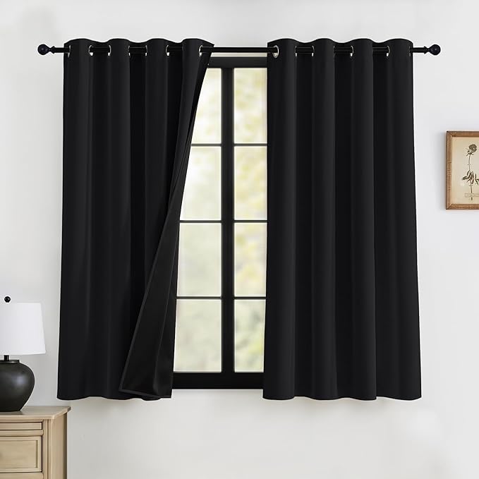 RYB HOME 100% Blackout Black Curtains for Bedroom Living Room, Energy Saving Heat Blocking Noise Reducing Window Curtains & Drapes for Kids Room, 52 inches Wide by 72 inches Long, 2 Panels Set