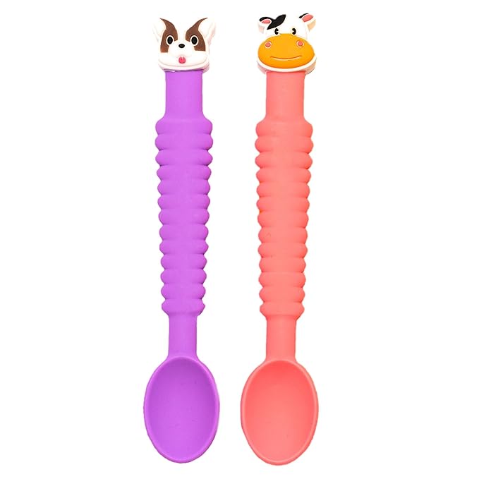 Little Grubbers 3-in-1 Silicone Baby Spoon Self Feeding 6+ Months - Pediatric OT Designed Teether Spoon, BPA Free Toddler Utensils, Mess-Free, Fun for Baby Led Weaning Supplies, Dog & Cow