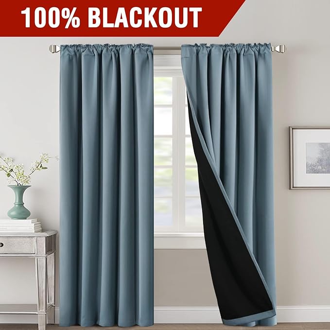 H.VERSAILTEX 100% Blackout Curtains for Bedroom with Black Liner Full Room Darkening Curtains 84 Inches Long Thermal Insulated Back Tab/Rod Pocket Window Drapes for Living Room, 2 Panels, Stone Blue