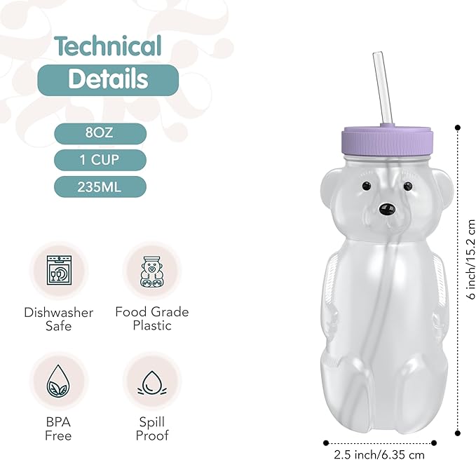 The 730 Project Honey Bear Straw Cup for Babies, 8-oz Honey Bear Cup with Lid, 3-Pack Therapy Learning Honeybear Straw, Baby Bottle Set, Unicorn PURPLE
