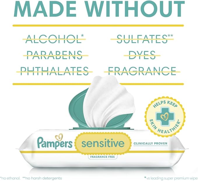Pampers Baby Wipes, Sensitive, Water Based Wipe, Clinically Proven, Hypoallergenic, and Unscented for Babies, 1008 Wipes Total (12 Flip-Top Packs) [Packaging May Vary]