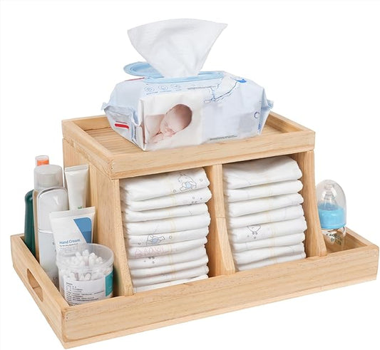 Diaper Caddy Organizer, Changing Table Organizer, Wooden Diaper Organizer for Nursery, Baby Diaper Storage Organizer with Removable Dividers (Brown, Rectangular Size)