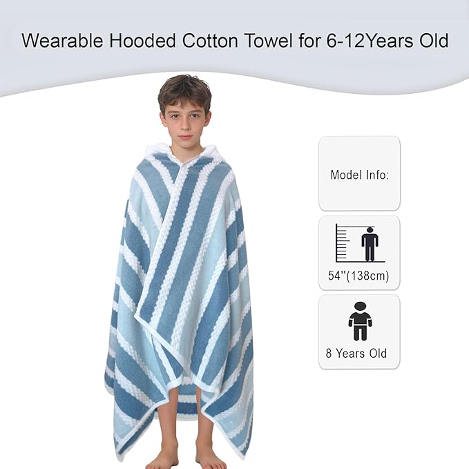 Big Kids Hooded Bath Towel(8-14 Years,64"X33") | Soft Quick Drying Absorbent 100%Cotton Thick Towel Wrap for Teens Boy/Girl | Versatile Beach, Pool, Swim & Bath Cover-Up | Blue Gray Stripe