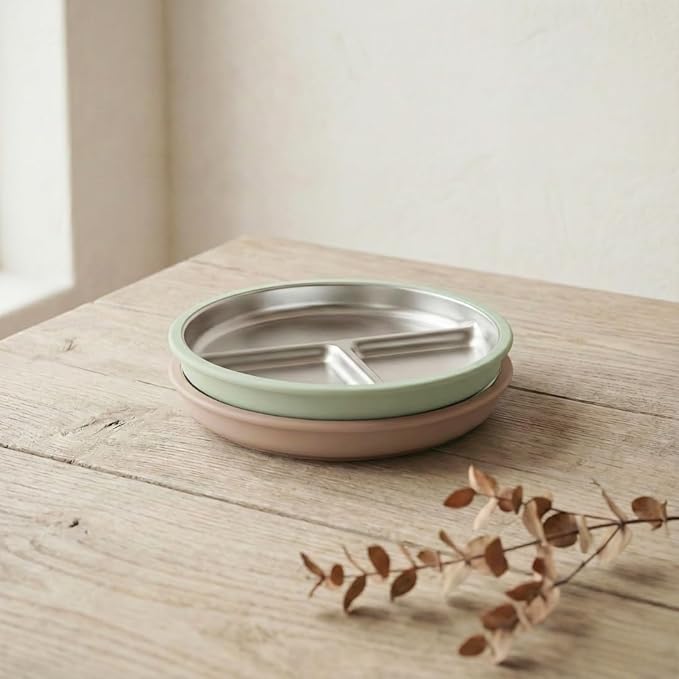 Stainless Steel Toddler Plate with Suction Set of 2, 8” Divided Plates with Removable Silicone Sleeves for Kids, Non Toxic & BPA Free | Non Slip | Unbreakable Baby Dishes, (Mocha Mousse & Sage Green)