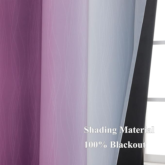 Purple and Grey Blackout Curtains 45 Inches Long,Ombre and Wavy Line Pattern 100% Blackout Curtains for Bedroom,Full Light Blocking Grommet Thermal Insulated Drapes for Kids Room, 42x45 Inch, 2 Panels