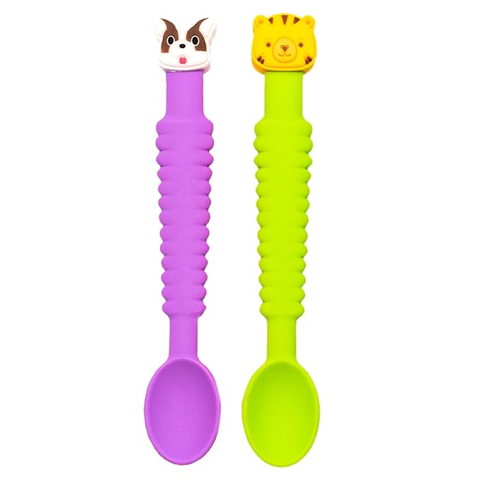 Little Grubbers 3-in-1 Silicone Baby Spoon Self Feeding 6+ Months - Pediatric OT Designed Teether Spoon, BPA Free Toddler Utensils, Mess-Free, Fun for Baby Led Weaning Supplies, Dog & Tiger
