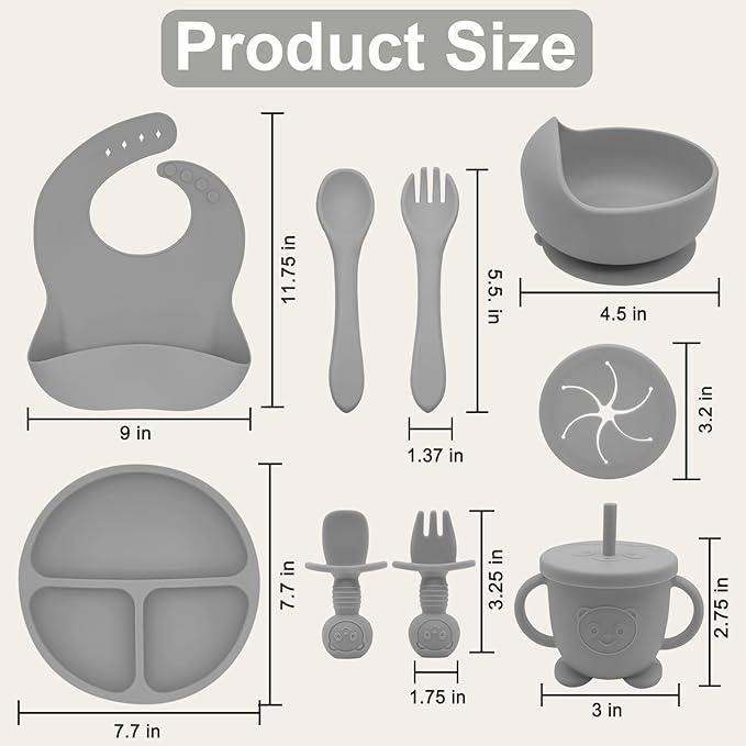 Munlinder Silicone Baby Feeding Set | Baby Led Weaning Supplies Includes Suction Bowls and Divided Plates, Adjustable Bib, Baby Utensils Spoons and Forks,Cup | Baby Feeding Essentials (Grey)