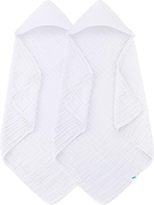 SWEET DOLPHIN Muslin Hooded Baby Bath Towels - 2 Pack 100% Cotton Towel for Babies, Infants, Toddlers - 32x32Inch - Highly Absorbent and Newborn Essential, White