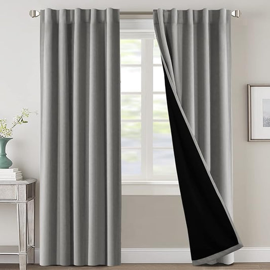 H.VERSAILTEX 100% Blackout Curtains for Bedroom with Black Liner Full Room Darkening Curtains Thermal Insulated Back Tab/Rod Pocket Window Drapes for Living Room, 2 Panels, 42 x 84 Inch, Dove Grey