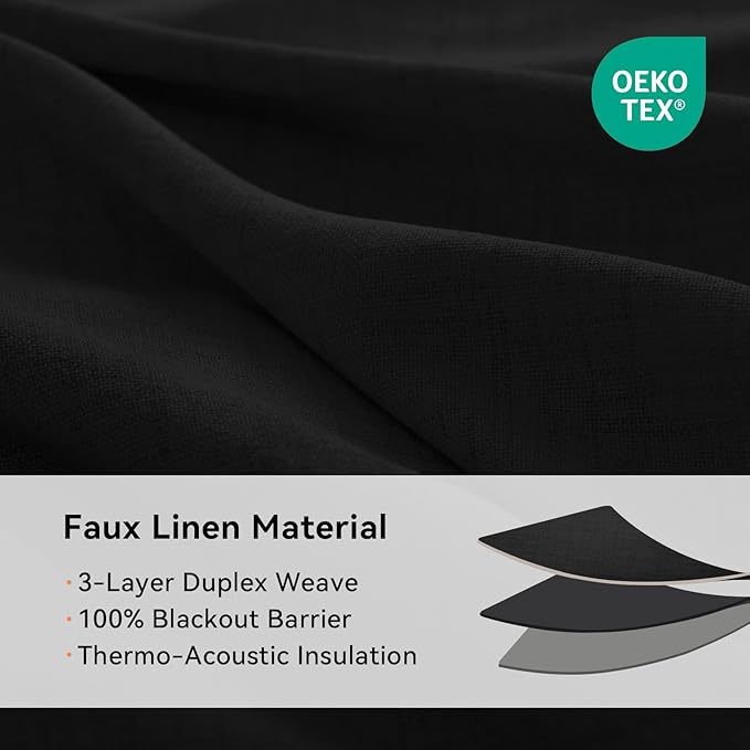 100% Blackout Shield Linen Blackout Curtains for Bedroom, Black Grommet Curtains for Living Room, Thermal Insulated Room Darkening Drapes for Nursery, Boho Home Decor, 50" W x 90" L, 2 Panels