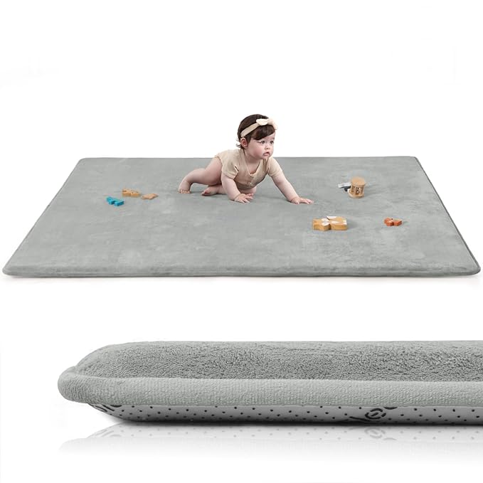 Baby Play Mat for Floor,Extra Large 59"×71" Playpen Mat for Tummy Time,Thicker Padded Elasti Foam Activity Mats for Toddler,Infant,Kids,Water Repellent Ultra Soft Velvet,Non-Slip Backing Safe for Crawling,Nursery & Playroom(Light Grey)