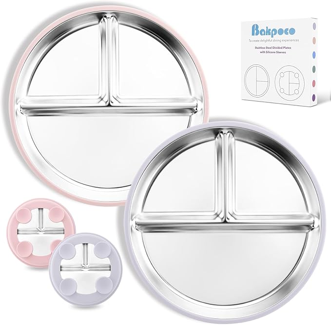 Bakpoco Stainless Steel Baby Plate with Suction, 9” Divided Toddler Plates with Removable Silicone Sleeves for Kids, Non-Toxic Non-Slip Unbreakable Dishwasher Safe Dinnerware Set of 2, Pink & Lilac
