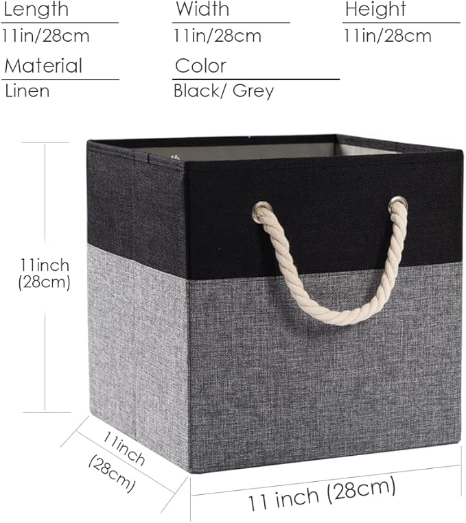 PRANDOM Large Foldable Cube Storage Bins 11x11 inch [2-Pack] Fabric Linen Storage Baskets Cubes Drawer with Cotton Handles Organizer for Shelves Nursery Closet Bedroom Black