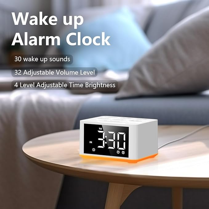 3-in-1 Sound Machine White Noise Machine Dual Alarms 12 Color Night Lights 30 Soothing Sounds 15 Wake Up Sounds 32 Volume for Baby Adults Kids Sleep Timer Memory Function Backup Battery Alarm Clock