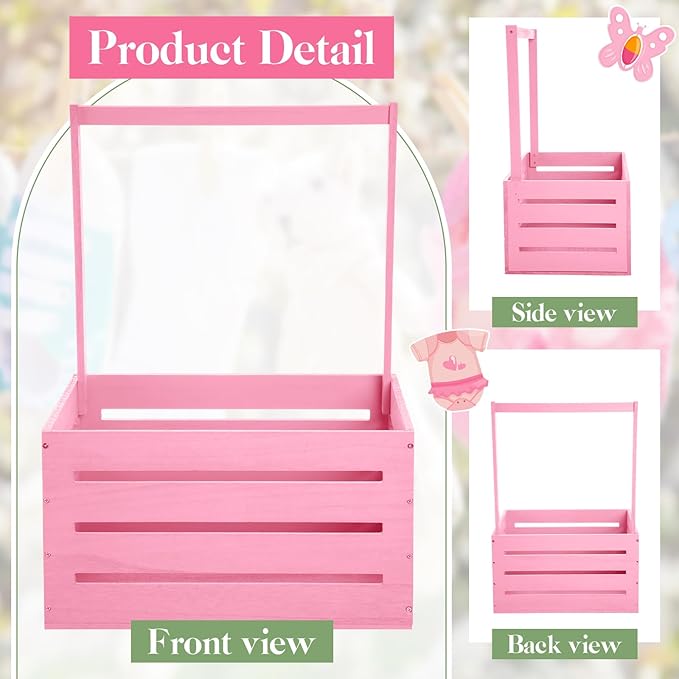 Barydat Wooden Baby Shower Crate Closet, Baby Basket with Handle, Personalized Basket Gifts, Easy Assembly Baskets for Newborn Boy Girl Welcome Gift for New Mom Parents(Pink)