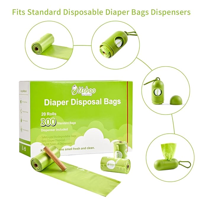 USBOO Disposable Diaper Bags for Baby, 20 Refill Rolls/300 Bags Waste Bags with Dispenser, Convenient and Quick Diaper Disposal, Unscented