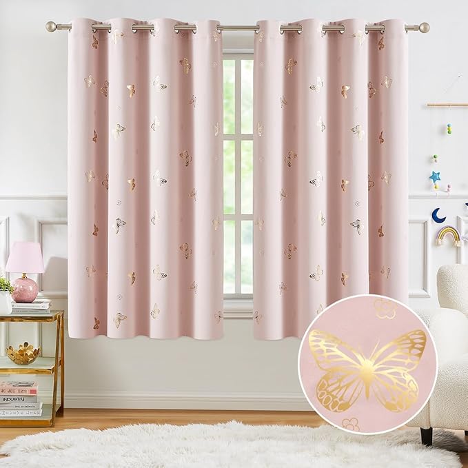 Jubilantex Pink Gold Butterfly Blackout Curtains with Black Layer Thermal Insulated Window Curtains Grommet Top for Bedroom Girls Room,52x63,2 Panels