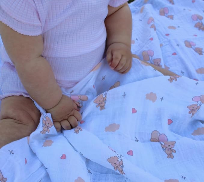 100% Muslin Cotton Swaddle Blankets, Pack of 4, 47 x 47 inches (120 cm x 120 cm), Ultra-Soft, Breathable, Hypoallergenic, 0+ Months (Teddy Bear/Rainbow/Butterfly/Balloon)