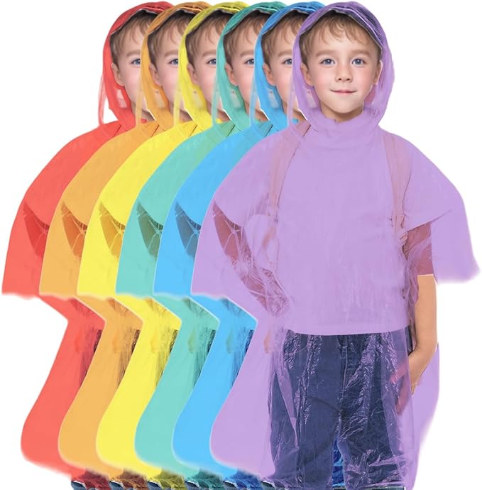 Hitituto Rain Ponchos Family Pack Kids– 6/12/24 Pack Disposable Poncho with Hood, Clear & Assorted Colors, Home Survival Kits