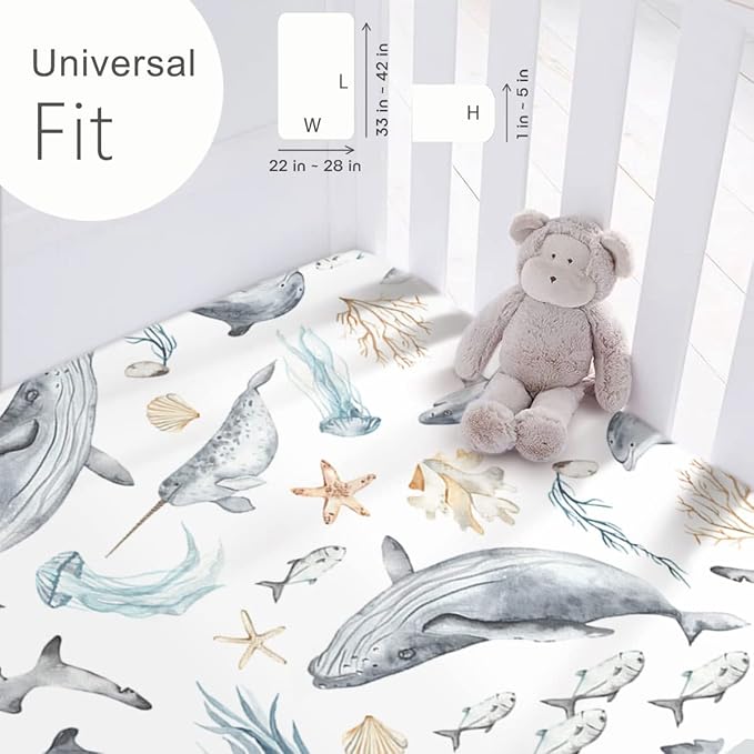 GRSSDER Stretchy Super Soft Jersey Knit Fitted Pack n Play Sheets Set 2 Pack, Universal Fitted for Portable/Mini Crib Mattresses Snug and Safe, Beautiful Marine Organism for Boys and Girls