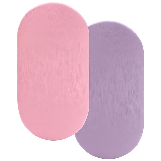 Pro Goleem Muslin Bassinet Sheet for Girls, Soft Breathable Fitted Cotton Baby Sheets Set for Oval Hourglass and Rectangular Bassinet Mattress, 2 Pack (Pink＆Purple)