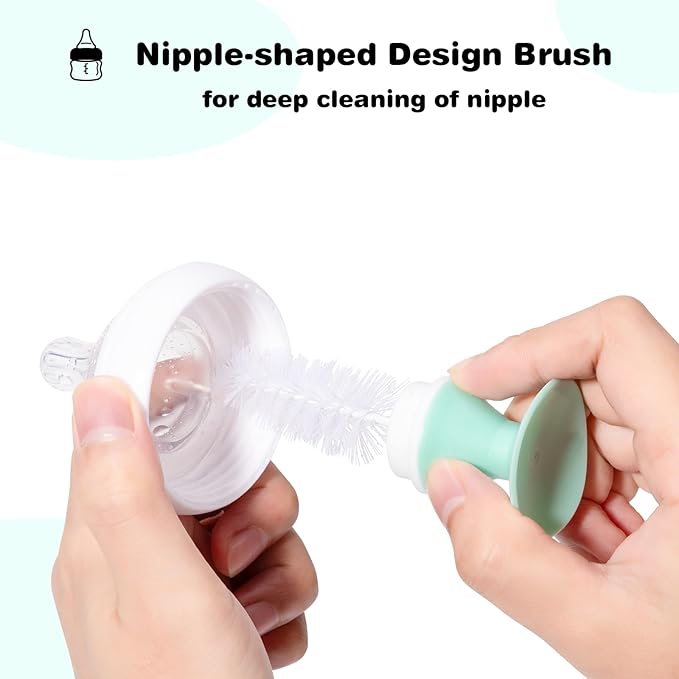 Baby Bottle Brush with One Base Hidden Nylon Nipple Cleaner, Stand Suction Cup,2 Pack Straw Brushes,1 Pack Sponge Nipple,1 Piece Replacement Head, Green