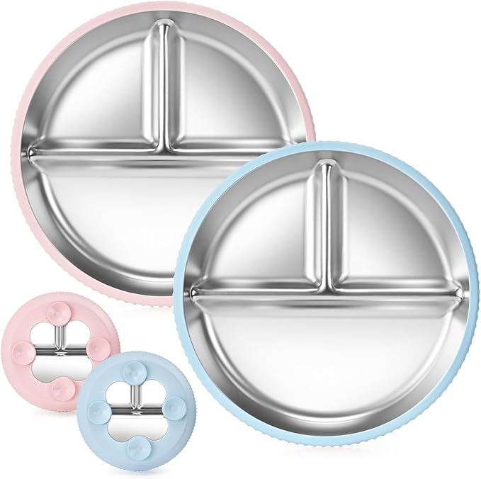 2-Pack Stainless Steel Kids’ Plates with Suction Bases, 8.26" Divided Toddler Plates with Removable Silicone Sleeves, Non-Slip, BPA-Free, Dishwasher Safe (Pink & Blue)