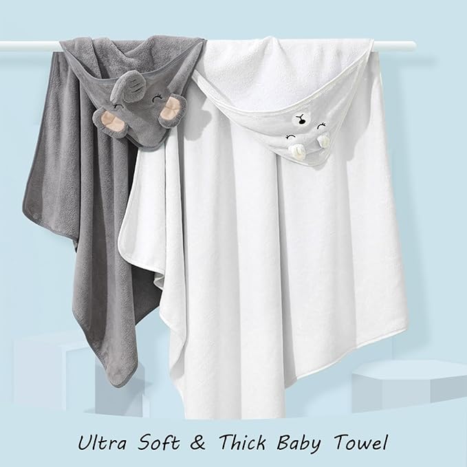 2 Pack Hooded Baby Towels - Premium Ultra Soft Organic Baby Bath Towel – Absorbent and Hypoallergenic Towels for Baby Boy Girl, Toddler, Newborn Essentials (Elephant & Bear)