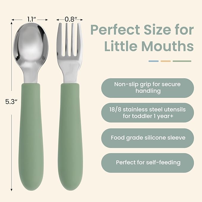 Eascrozn 6 Pack Toddler Utensils, Toddler Forks and Spoons Set, Kids Silverware with Silicone Handle, 18/8 Stainless Steel Children Safe Flatware, BPA Free, Dishwasher Safe