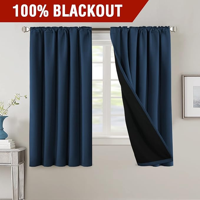 H.VERSAILTEX 100% Blackout Curtains for Bedroom with Black Liner Full Room Darkening Curtains 63 Inches Long Thermal Back Tab/Rod Pocket Window Treatment Drapes for Living Room, 2 Panels, Navy