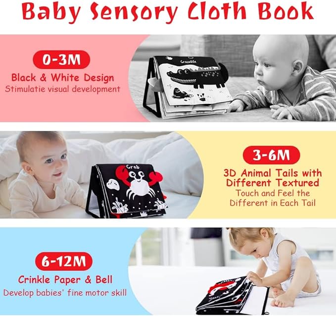 Oarifun Tummy Time Mirror, Baby Tummy Time Toys with Soft Book, Black and White High Contrast Baby Toys, 3D Activity Sensory Montessori Toys Crawling Mat