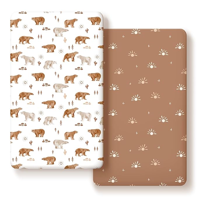 GRSSDER Stretchy Ultra Soft Jersey Knit Fitted Crib Sheets Set 2 Pack, Fit All Standard Crib Mattress Pads Safe and Snug, Crib Fitted Sheet for Boys and Girls, Stylish Print of Sunny Bear